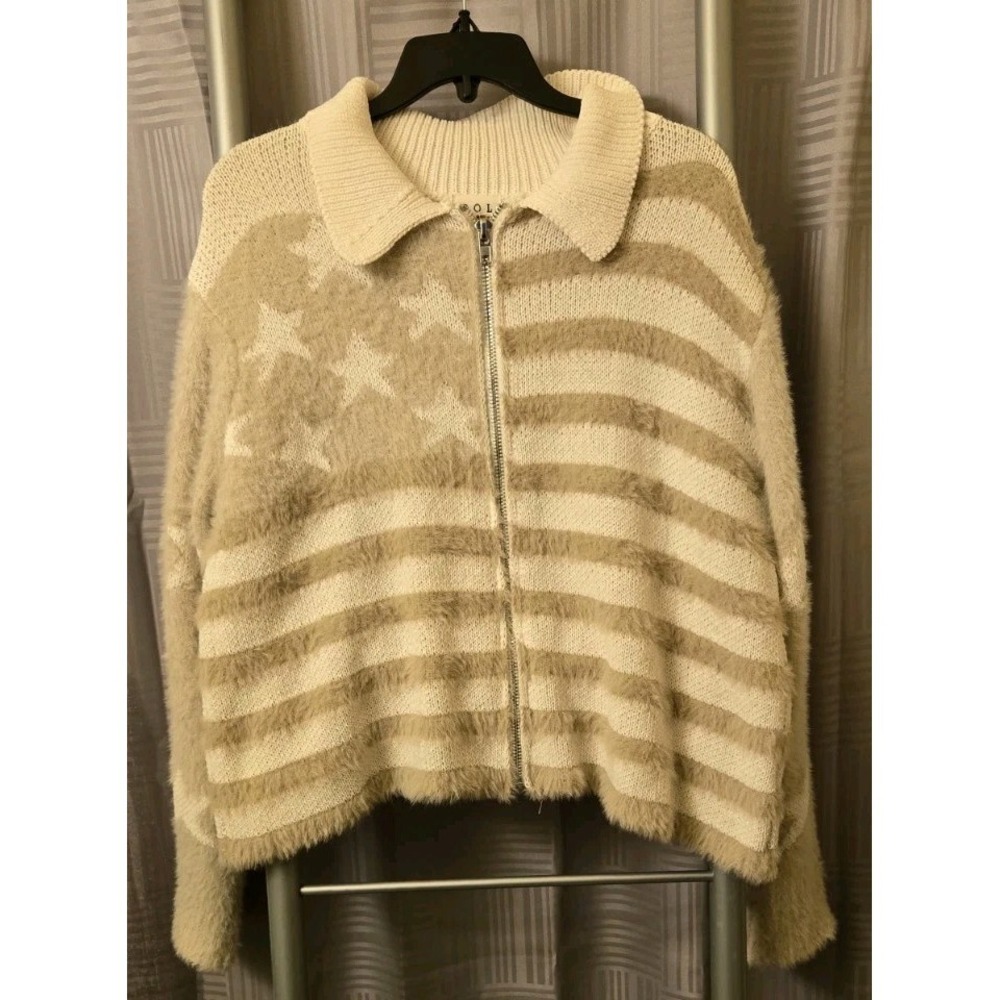 Pol Zip Up Sweater Cream & Beige Stars & Stripes Bohemian Woman's Size S